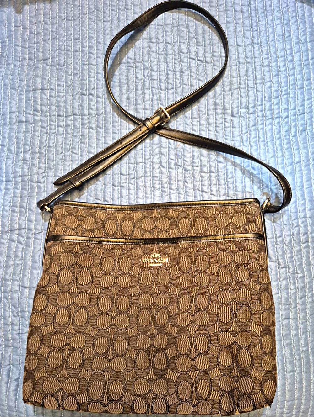 Coach Signature Monogram Crossbody Bag Brown Black Zip